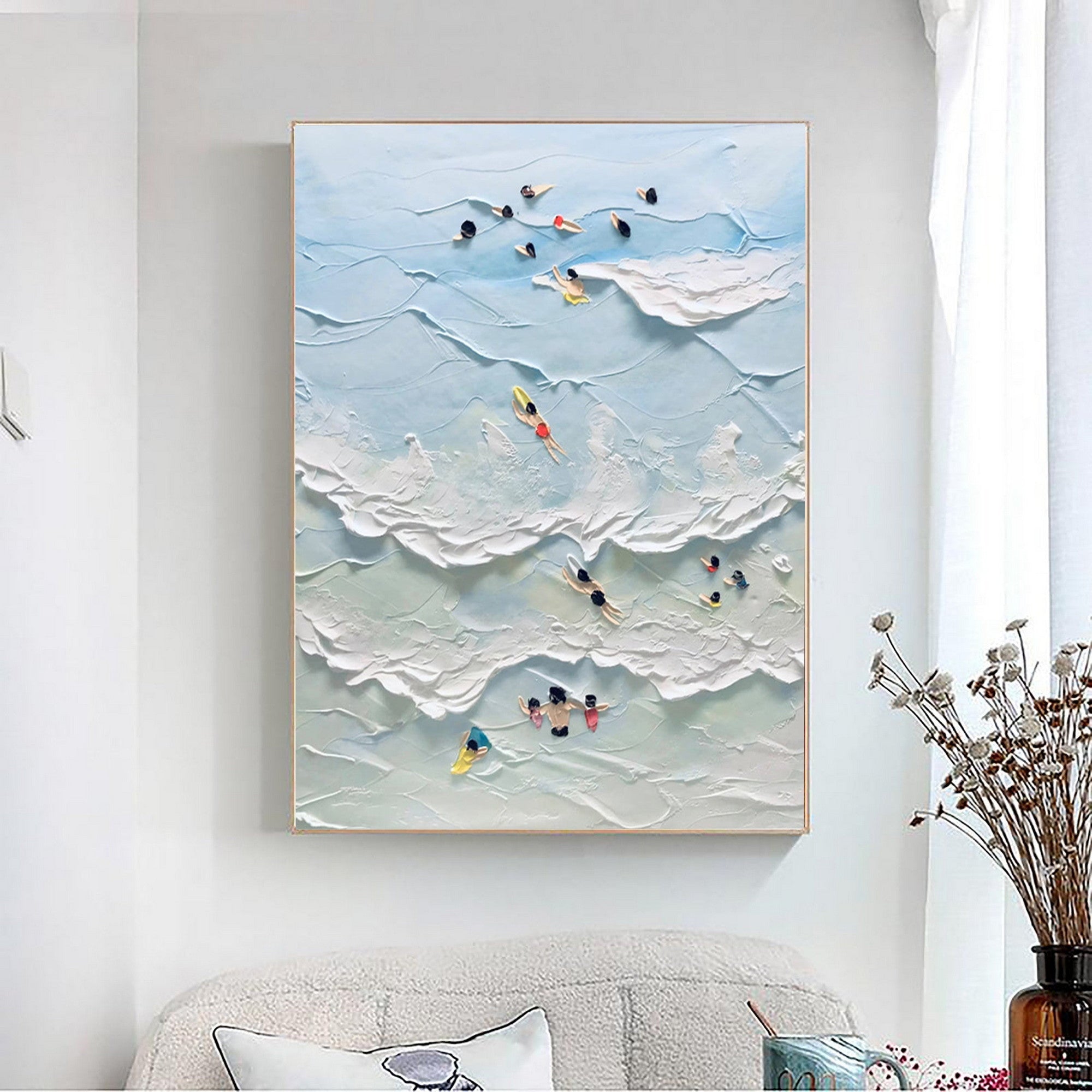 Textured Plaster Ocean Wall Art with Swimmers for Coastal Living Spaces #SG096