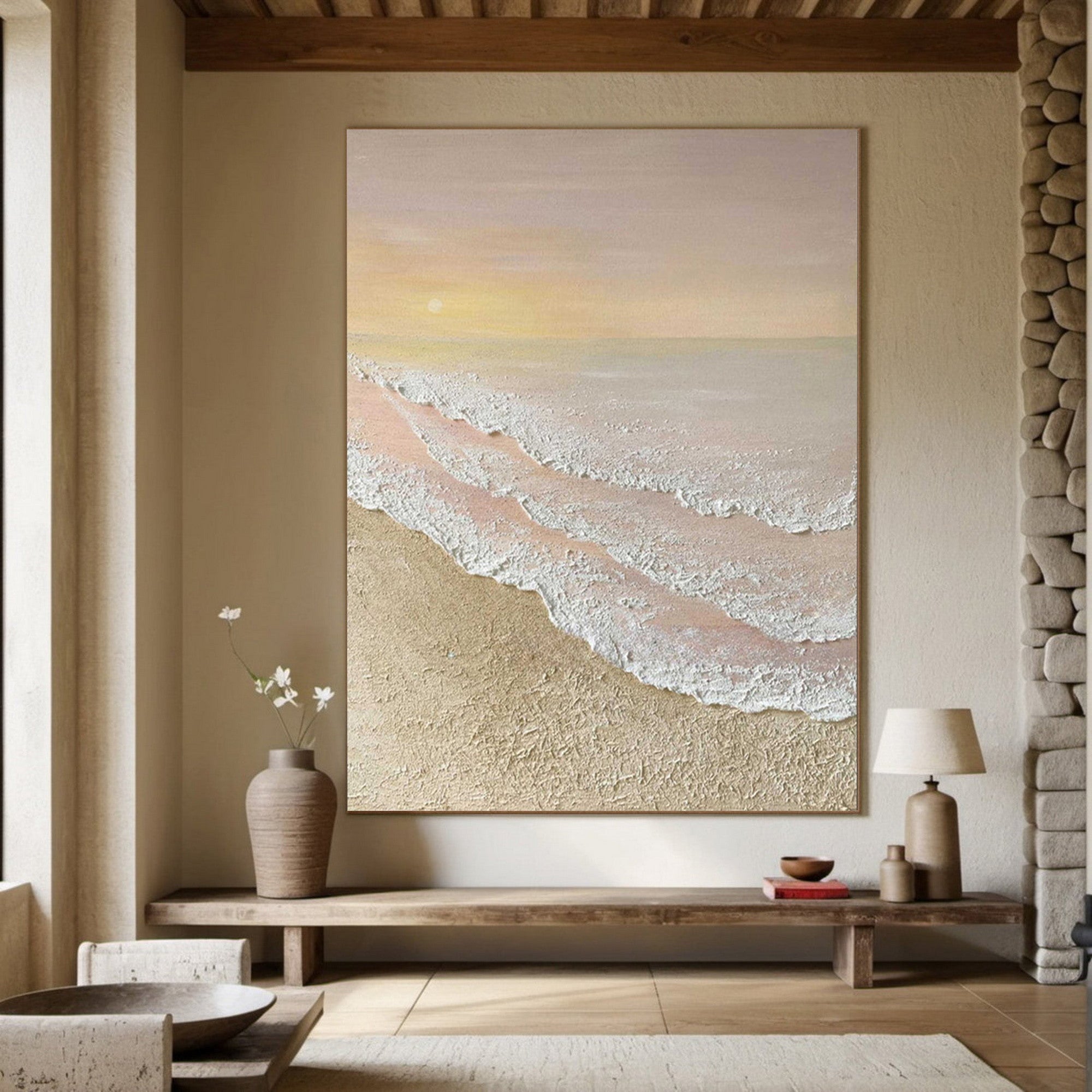 Beach Sunset Textured Wall Art, Large Canvas for Living & Dining #TX1111