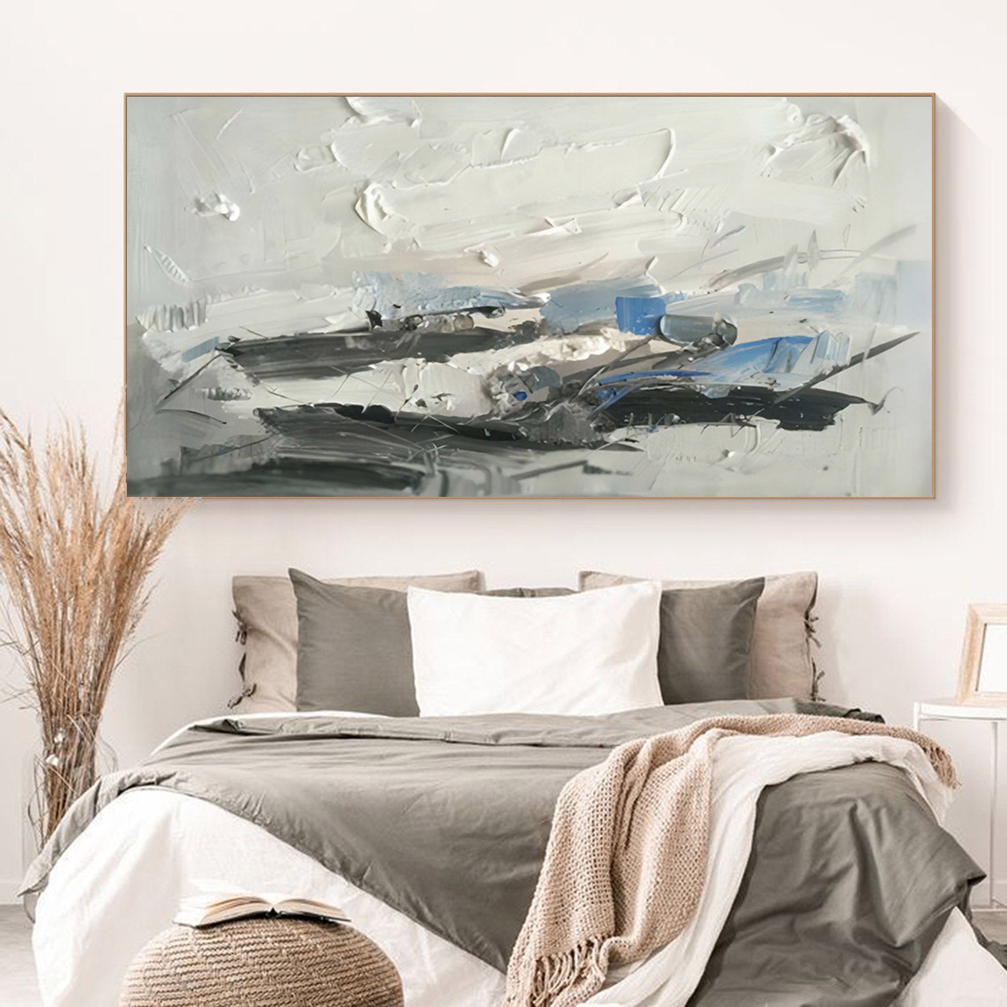 Black and White Abstract Textured Wall Art with Hints of Blue for Modern Interiors #SG172