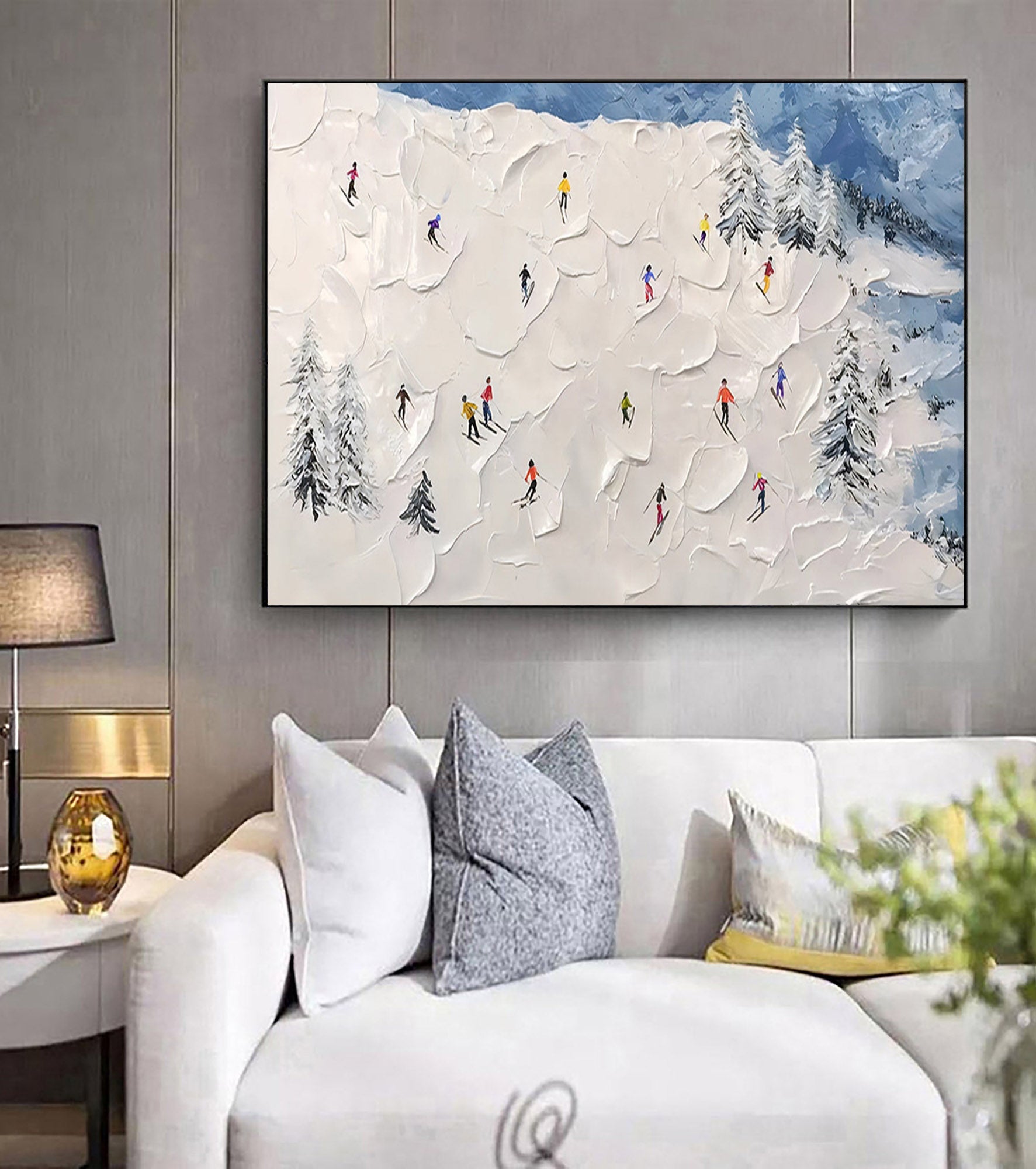 Winter Skiing Scene Textured Wall Art for Contemporary Mountain and Living Room Decor #SG095