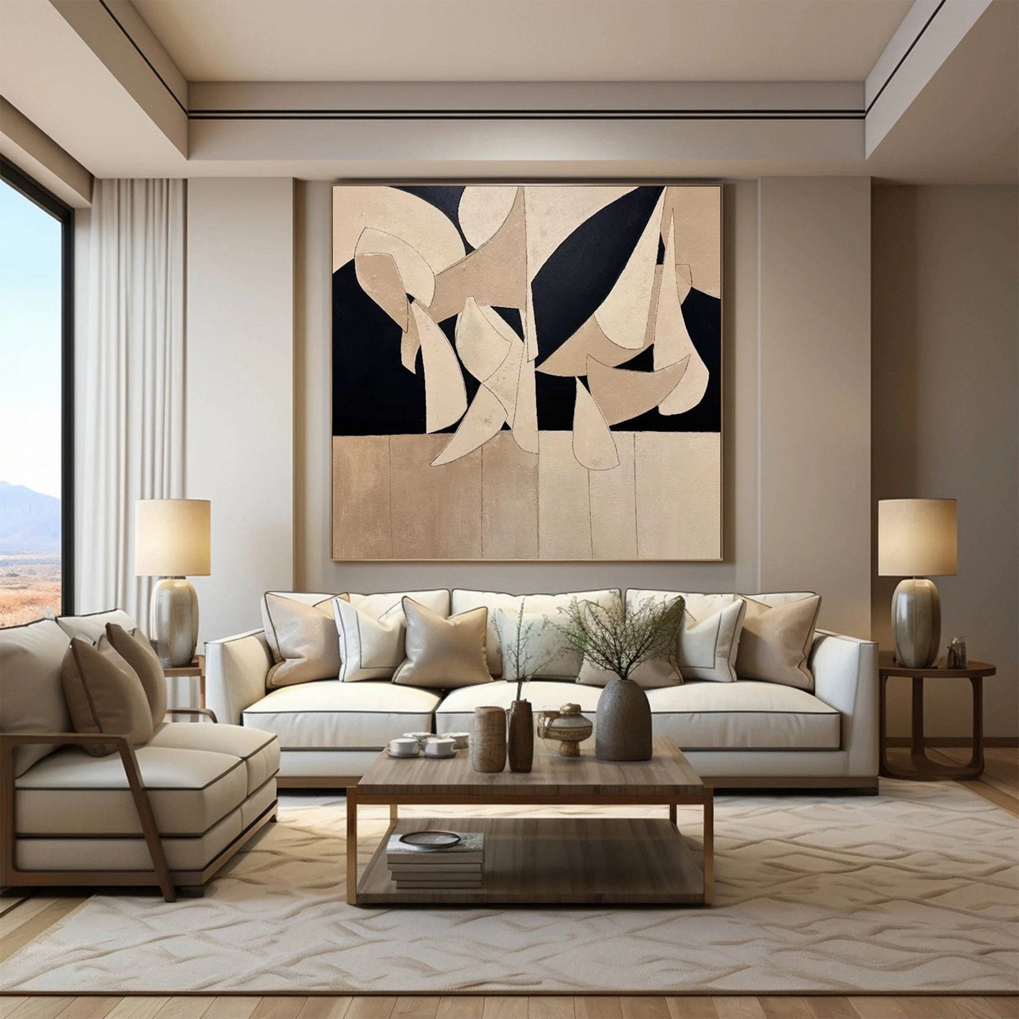 Wabi Sabi Wall Art Abstract Beige and Black Design for Contemporary Living Room or Bedroom#TX234