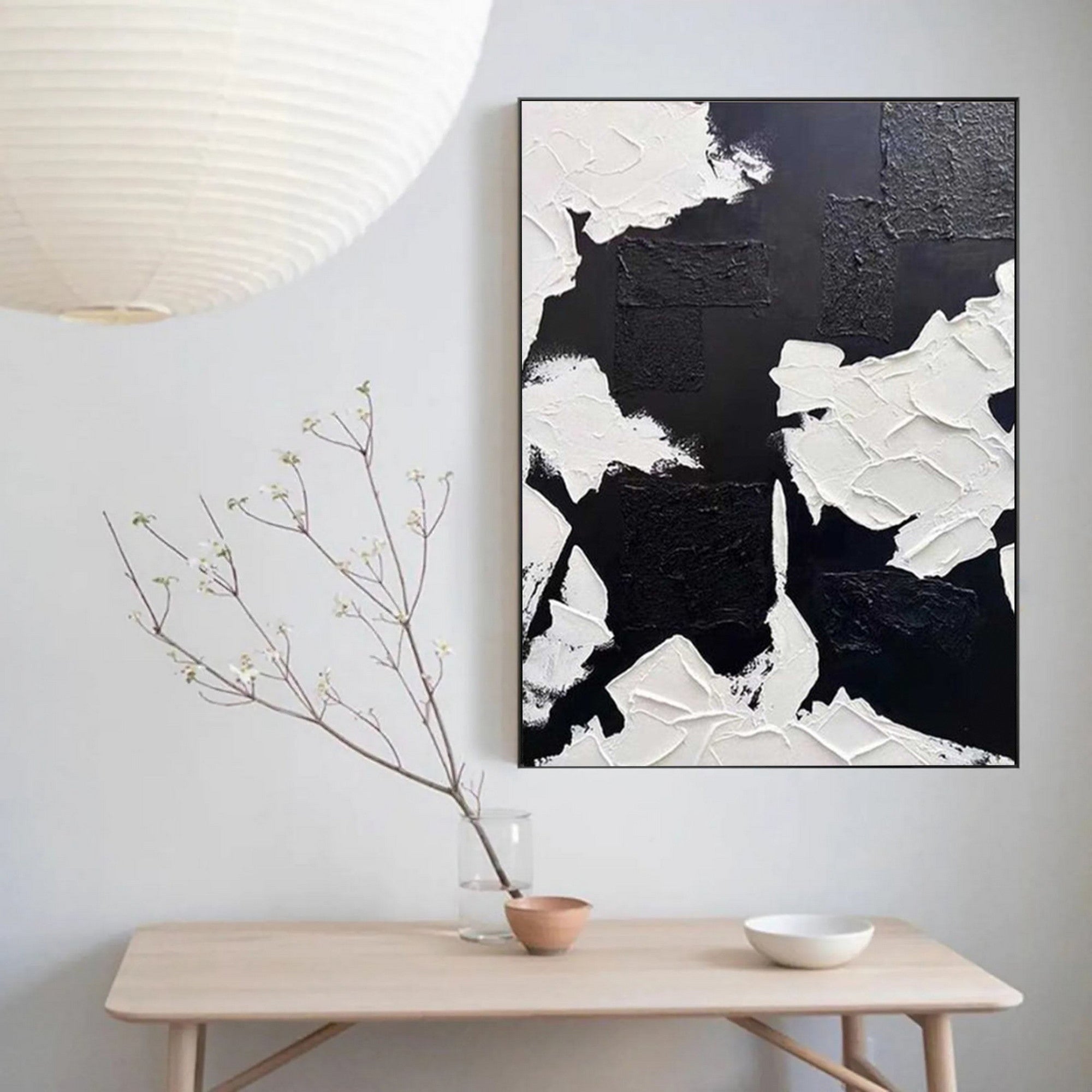 Textured Black and White Abstract Painting for Wabi Sabi Decor #TX197