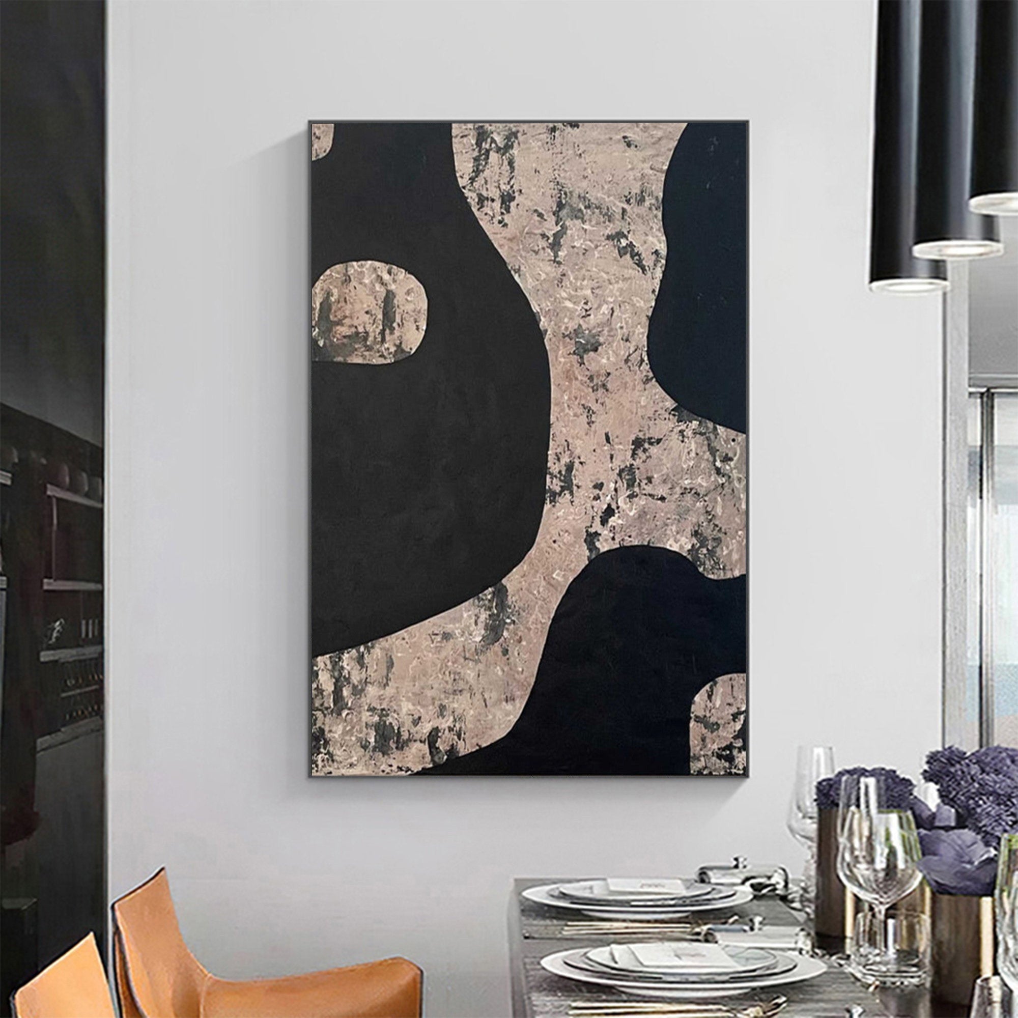 WabiSabi Abstract Black and Beige Canvas Painting for Modern Home Decor #TX200