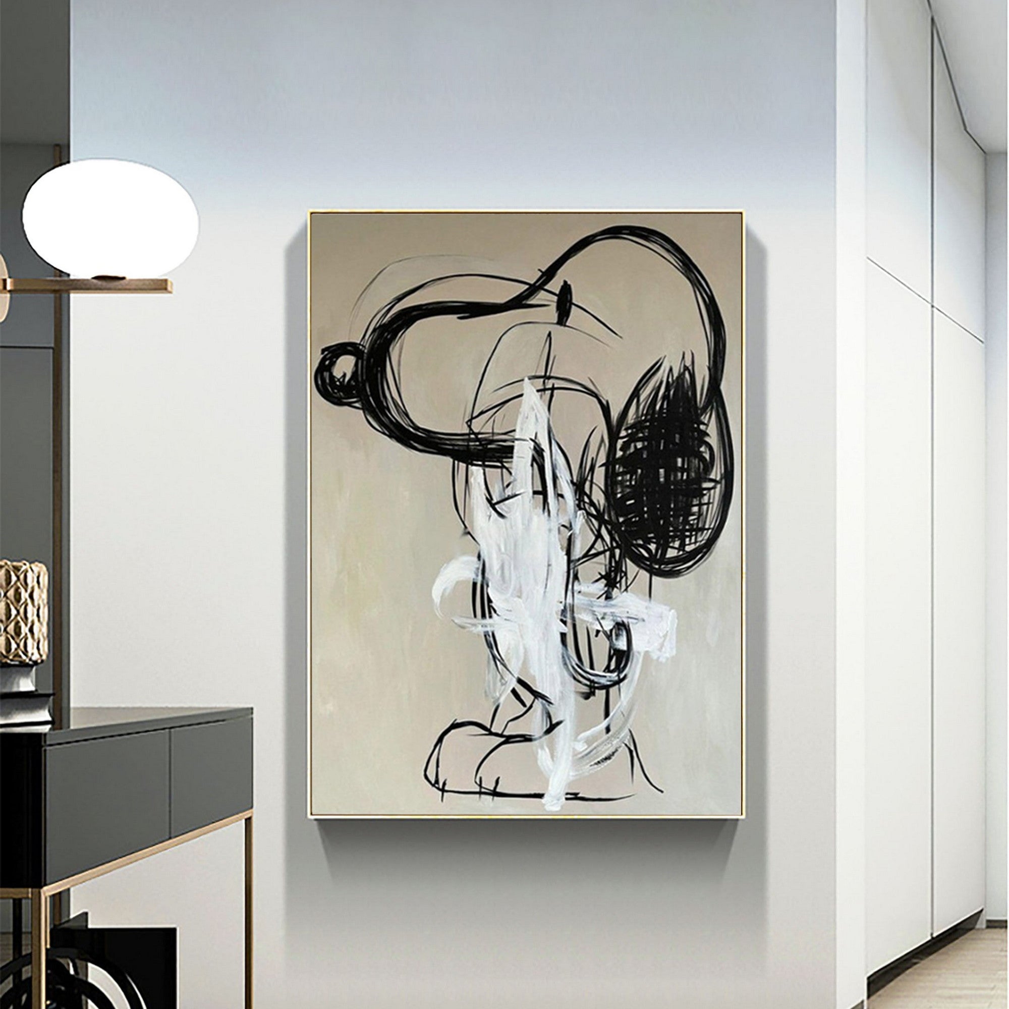 Homeproglobal  Abstract Black and White Oil Painting  Playful Dog-Inspired Art #AGA1043