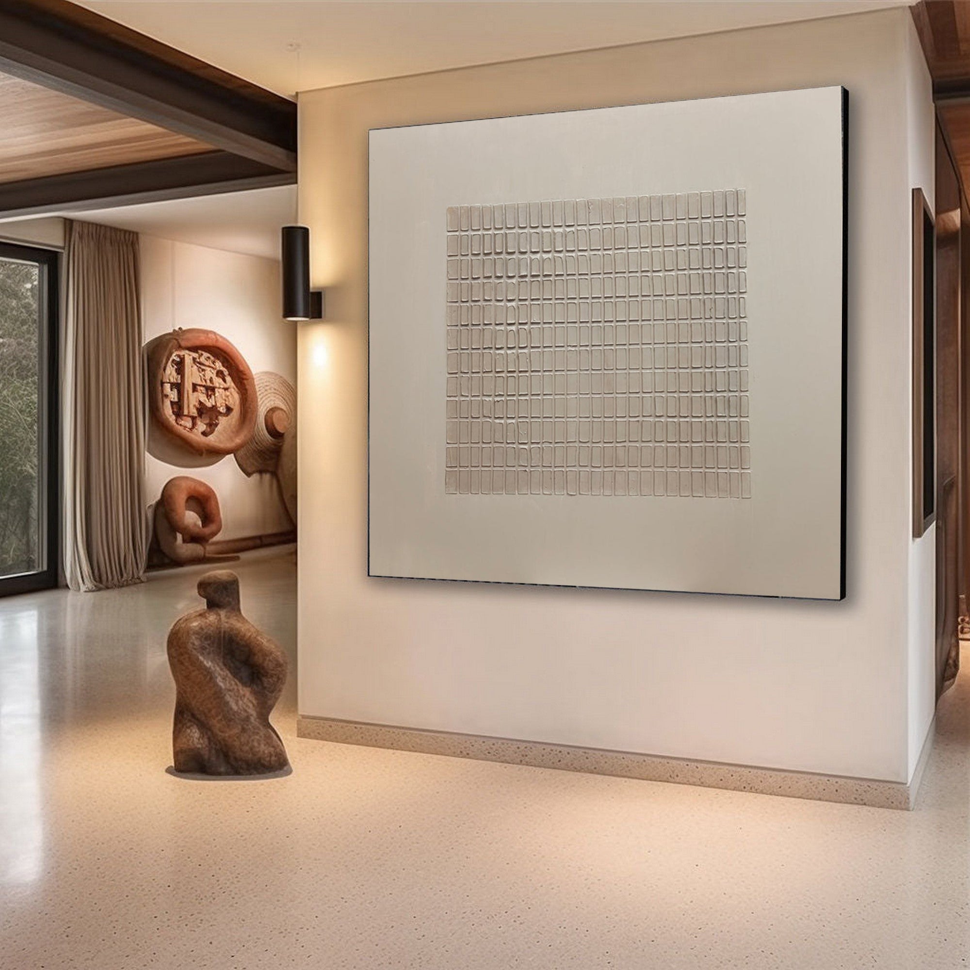 Minimalist Wabi Sabi Wall Art with Textured Grid Design for Neutral Contemporary Decor#TX206