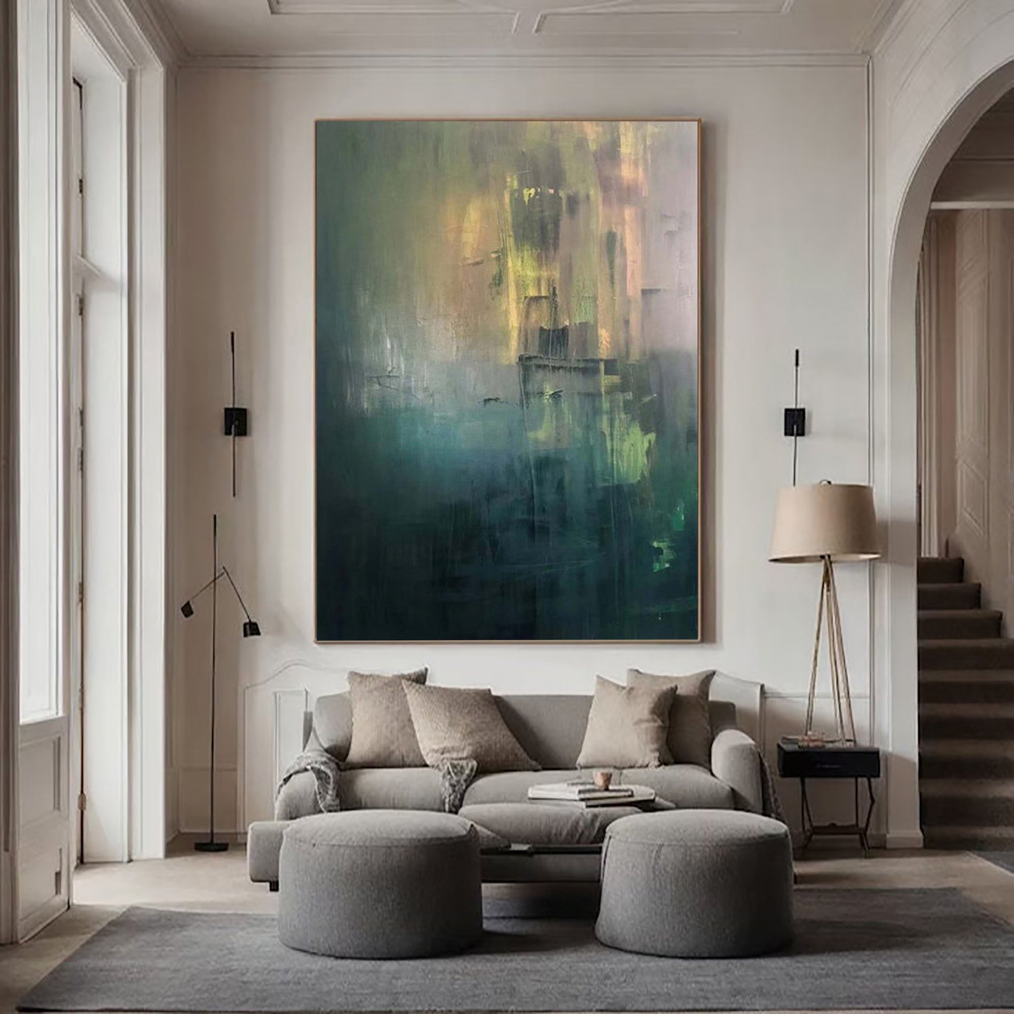 Abstract Oil Painting with Deep Green and Gold Tones for Modern Wall Art Decor#TX213