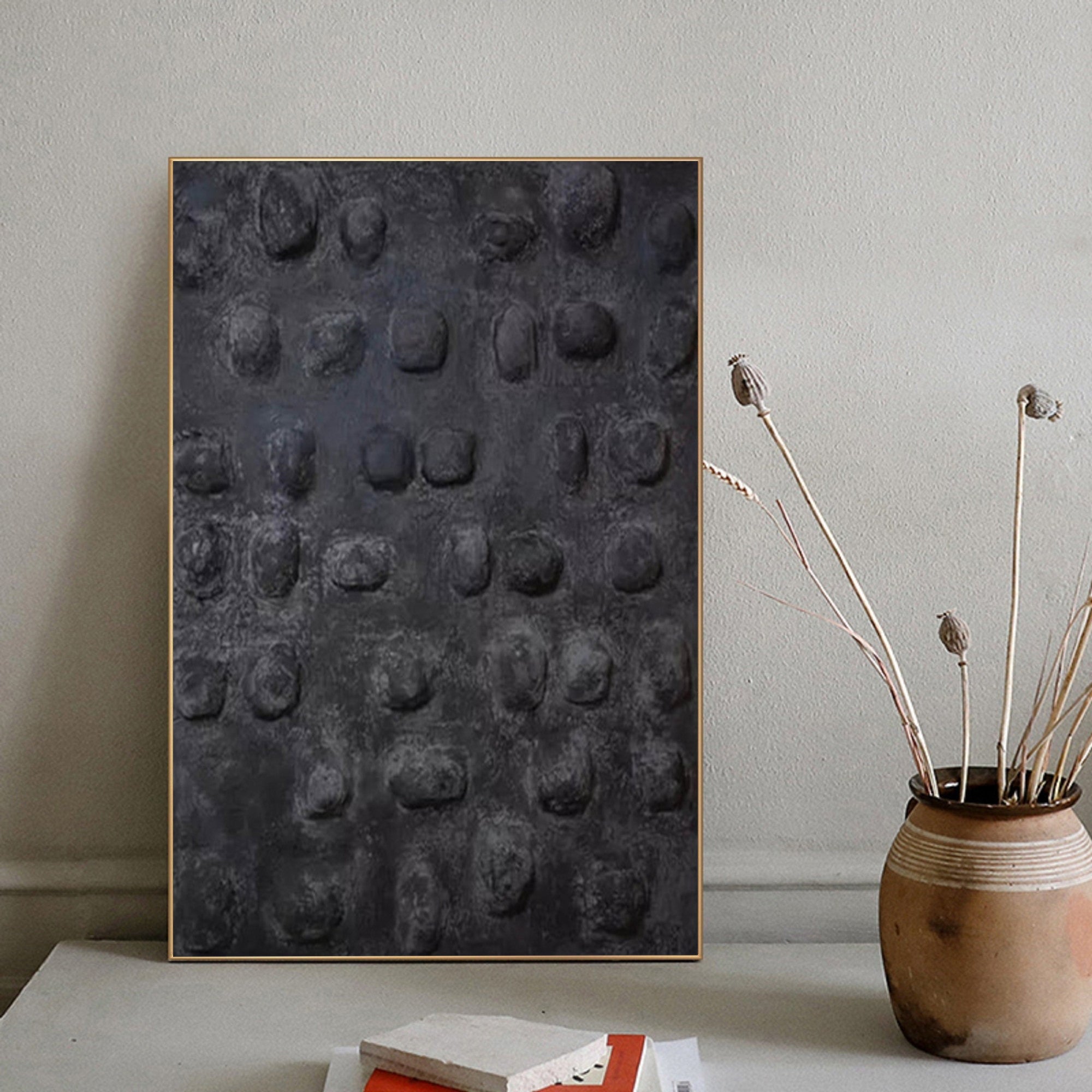 WabiSabi Wall Art Black Textured Hand Paintings for Sophisticated Home Decor #TX176