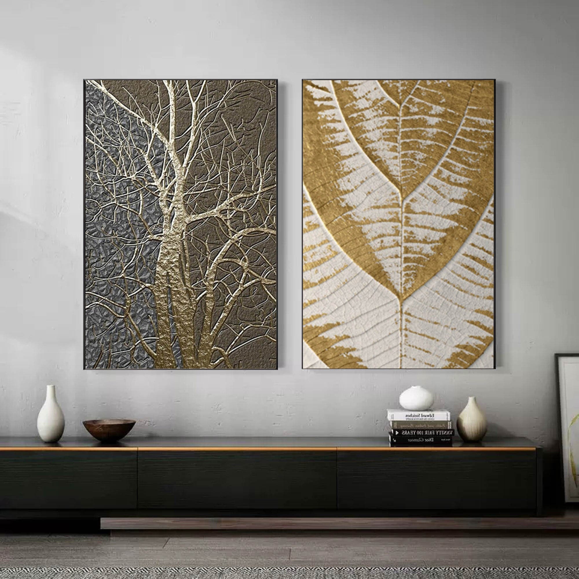 Abstract Metal Wall Art with Gold Tree and Leaf Patterns for Modern Interiors #SP012