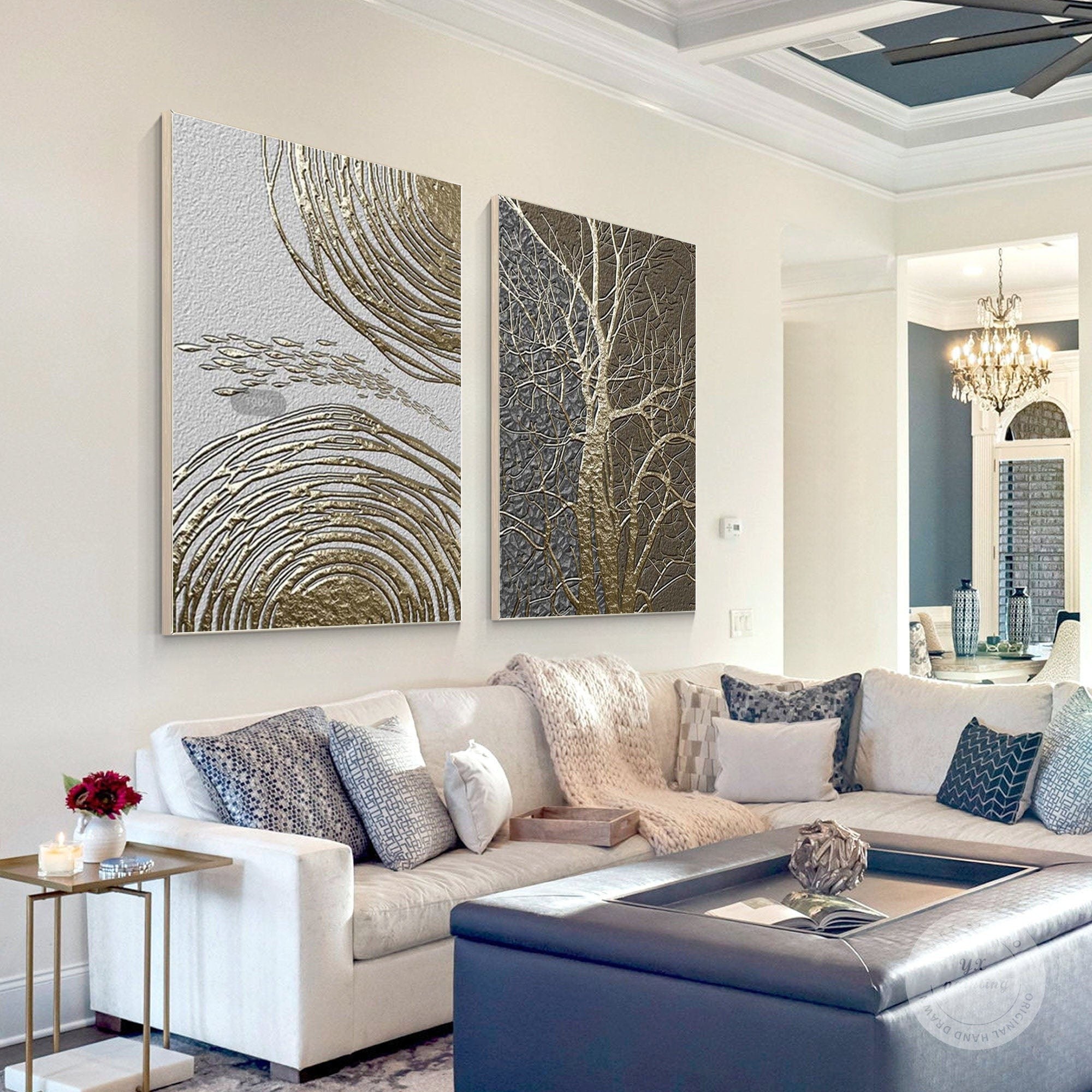 Abstract Metal Wall Art with Gold Tree and Ripple Design for Modern Wall Decor #SP011