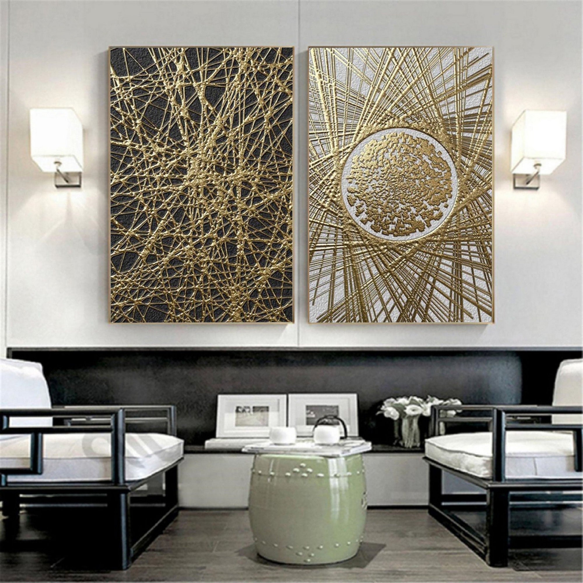 Abstract Metal Wall Art with Gold Wire Design for Modern Wall Decor #SP010