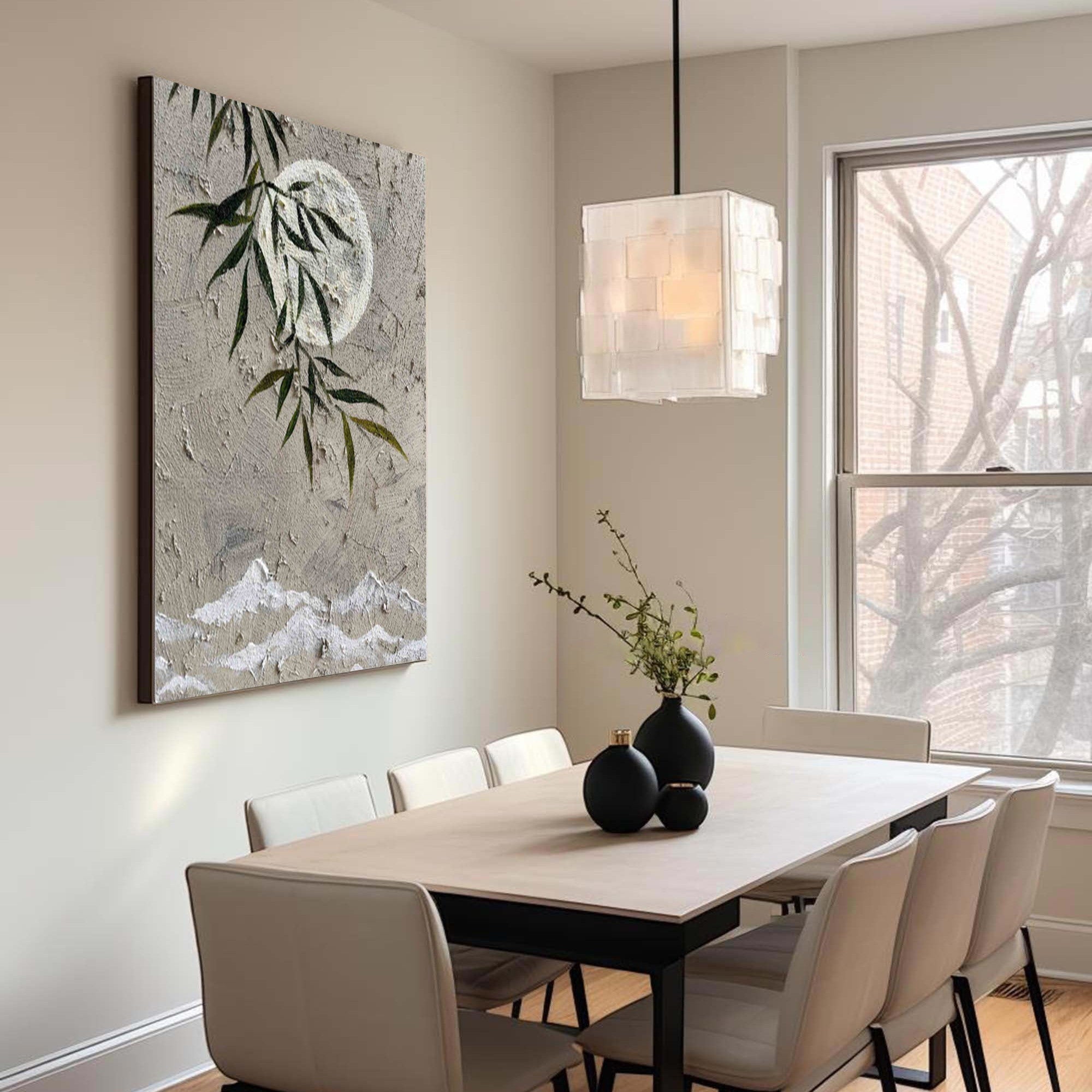 Wabi Sabi Wall Art Bamboo and Moon Textured Painting for Living Room #TX211